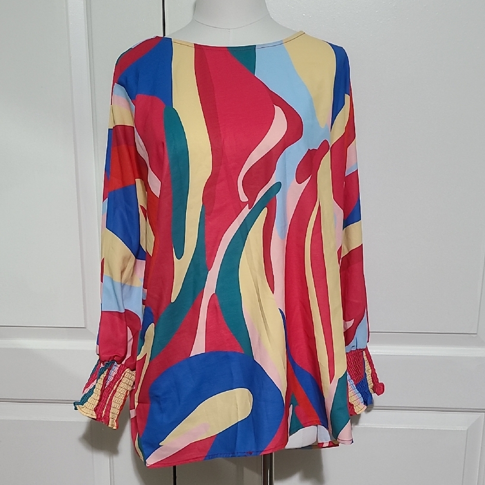 NWOT Colorful Abstract Bishop Sleeve Blouse